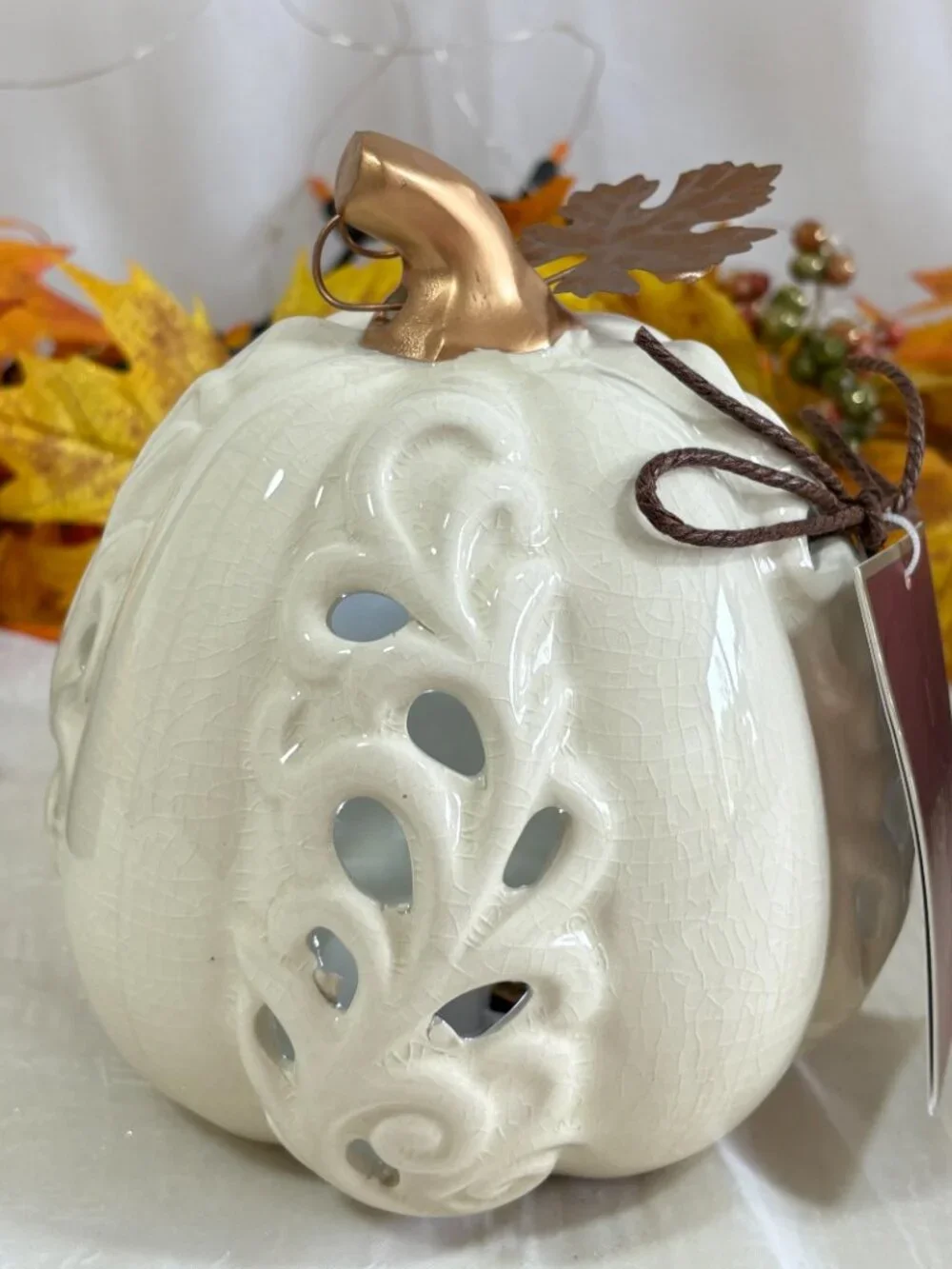 Halloween Fall Cream Crackled Ceramic Pierced Led Light Up Pumpkin Metal Leaf